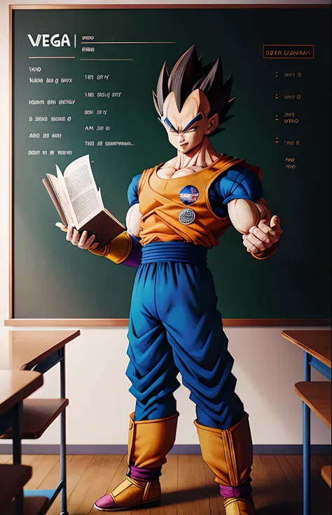 Dragon Ball Vegeta with a book in his hand, full body next to Gokus pou, posing for a poster with a book and a ruler in his hand, in a large classroom with student chairs and desks, blackboard, body complete, whole shot, vibrant colors, masterpiece, realis...