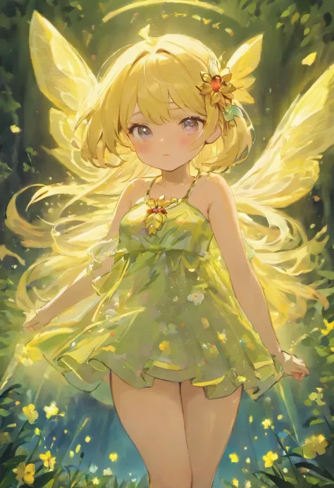 ln the forest，night moon，Mini cute 3 year old flower fairy, Chubby toot，Skirt made of petals，Huge flowers，Colorful colorful，Transparent colorful wings, Magic wand，closeup cleavage，Light attenuation，Glow effects，depth of fields，high light，Real light，Ray tra...