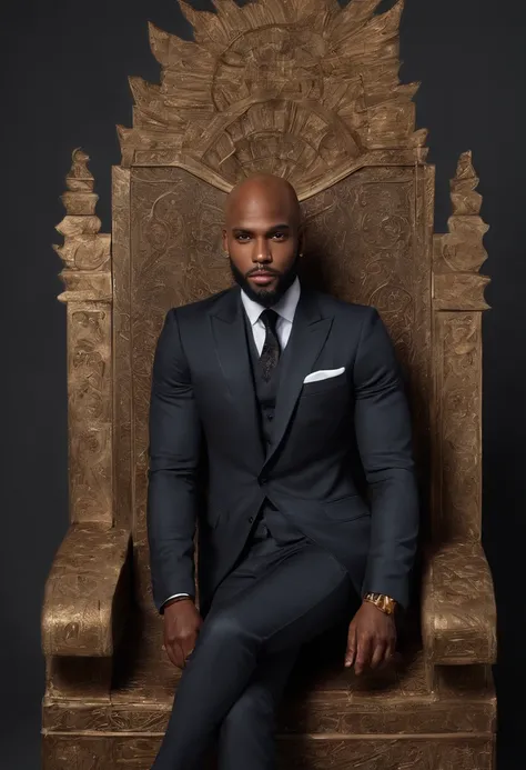 brown skin man,physically well built, sitting on throne,crown,very short beard,bald,black business attire