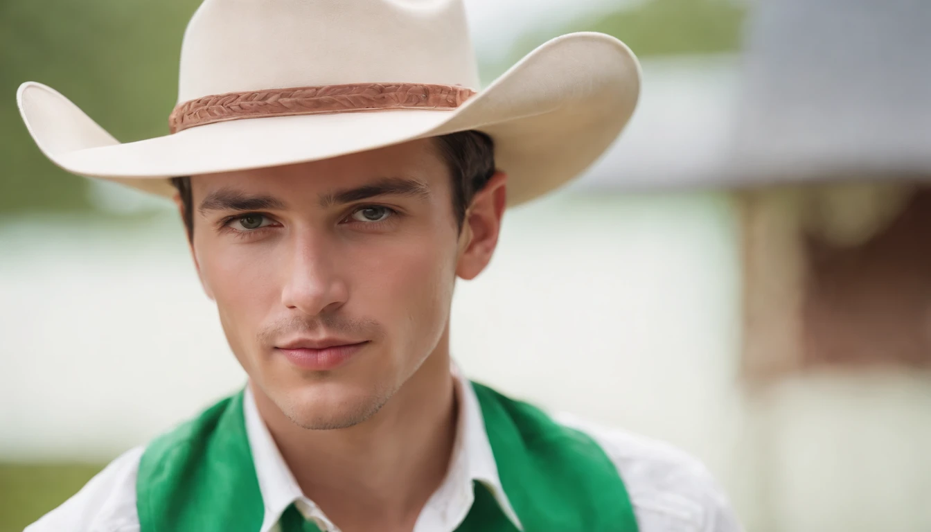 dark-haired man in a hat and white shirt, green cloth in the background, vibrant colors, in the style of ultrafine detail, high quality photo,cowboy shot  16 years old boy