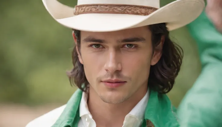 dark-haired man in a hat and white shirt, green cloth in the background, vibrant colors, in the style of ultrafine detail, high quality photo,cowboy shot  16 years old boy