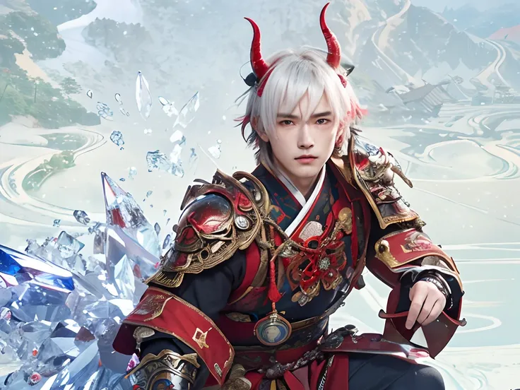 superfine illustration, very detailed beautiful face and eyes, Dynamic Angle, Head to knee display, A man standing in a colorful Edo-era town, crystal clear skies, wearing red armor, Handsome man with short hair, Take a playful pose here, It has two horns