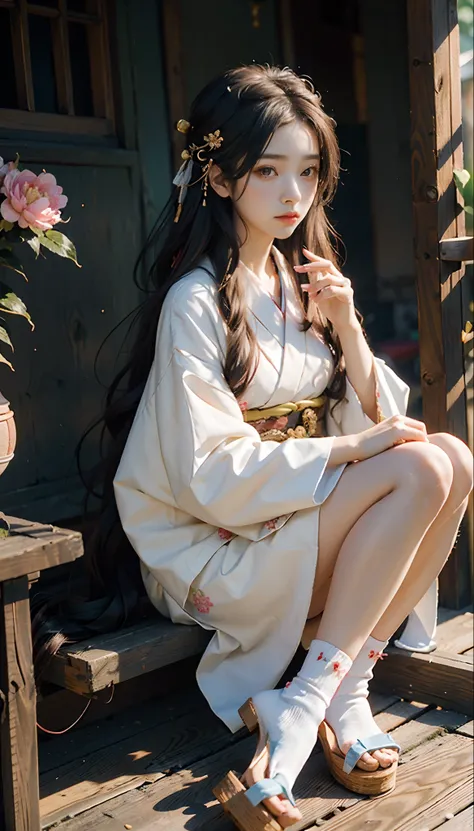 meticulous portrayal of face，1 noblewoman，(Hairpins)，(Camellia kimono)，(Long flowing colored hair)，Simple and elegant Japanese clothing，Collar，(black sock+，clogs)， s the perfect face， perfect hand， Perfect Finger， Perfect lips， perfect  eyes，Extremely norm...