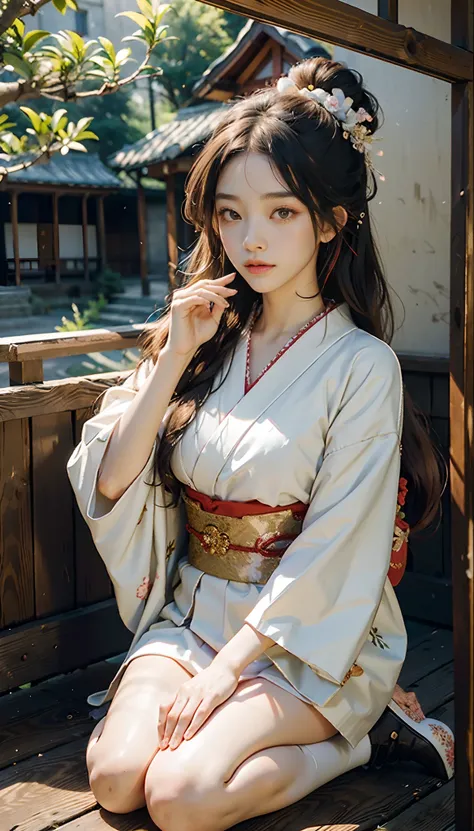 meticulous portrayal of face，1 noblewoman，(Hairpins)，(Camellia kimono)，(Long flowing colored hair)，Simple and elegant Japanese clothing，Collar，(black sock+，clogs)， s the perfect face， perfect hand， Perfect Finger， Perfect lips， perfect  eyes，Extremely norm...