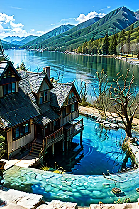 water flow from mountain to the lake with house next to the lake