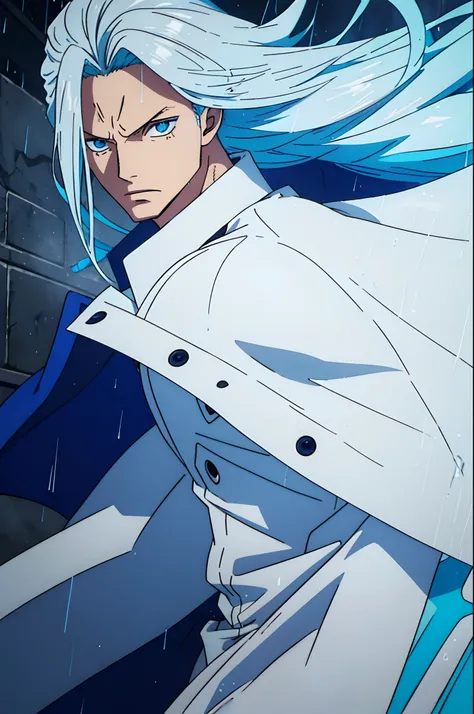 teen man, long blue hairs, wearing a white overcoat, blue eyes, rain effects, anime