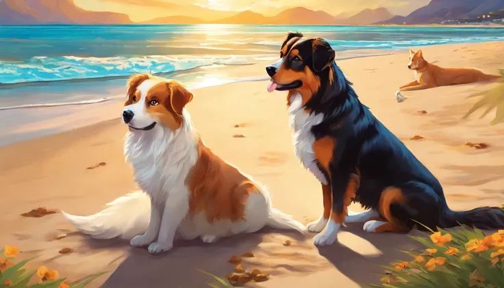 make a picture with at least 5 dogs and 5 cats on sunny beach in anime style