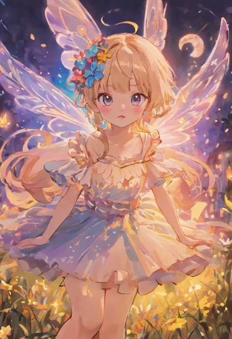 ln the forest，night moon，Mini cute 3 year old flower fairy, Chubby toot，Skirt made of petals，Huge flowers，Colorful colorful，Transparent colorful wings, Magic wand，closeup cleavage，Light attenuation，Glow effects，depth of fields，high light，Real light，Ray tra...