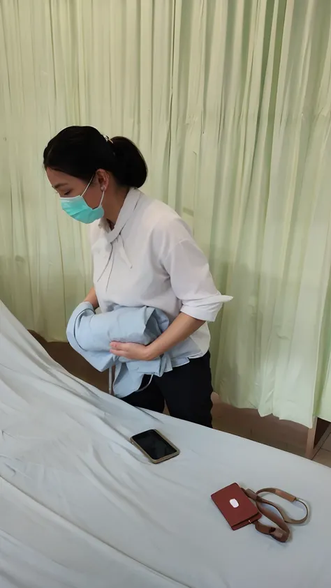 woman in white shirt and mask standing over a bed with a white sheet, surgical gown and scrubs on, healthcare worker, at the hospital in patient gown, nursing, wearing a hospital gown, wearing a white hospital gown, in hospital bed, exclusive, cloth wraps,...