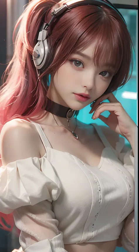 （（best qualtiy））， （（tmasterpiece））， （detail：1.4）， Beautiful Cyberpunk Woman Image，headphones、Heart-shaped choker、sixteen years old,　nffsw（HighDynamicRange），Ray traching，NVIDIA RTX，Hyper-Resolution，illusory 5，Sub-surface scattering，PBR Textures，post process...