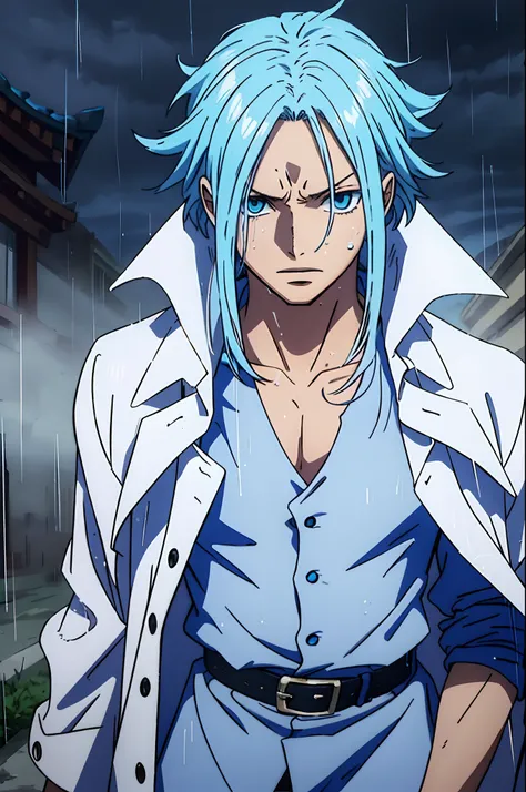 teen man, long blue hairs, wearing a white overcoat, blue eyes, rain effects, anime