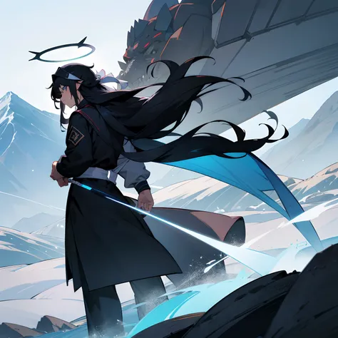 1male ,black gi , mountain background , blue  eyes , layered hair , long hair , Back Knot hair,  black hair , standing looking over mountain , lean build , dragon in the background , white headband , lean build , 4k best quality , ultra good quality , Whit...