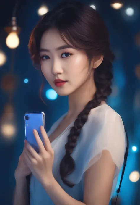 1 young Asian woman, Anime style, holding a cell phone, face facing the camera, blue background, with lights