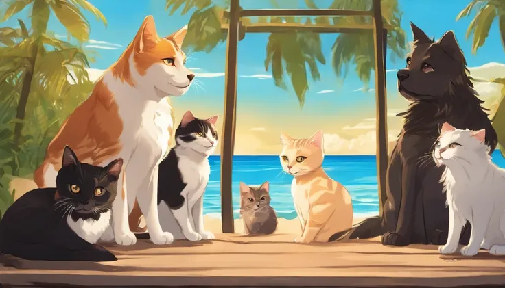 make a picture with at least 5 cats and 5 dogs on sunny beach in anime style