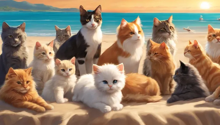 make a picture with at least 5 cats and 5 dogs on sunny beach in anime style