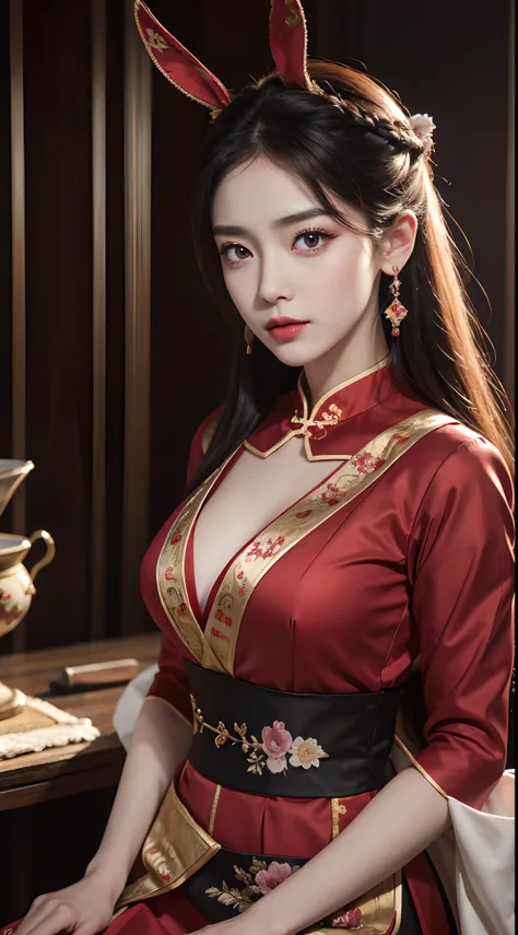 1 beautiful girl in beautiful hanfu costume, thin red silk shirt with many yellow motifs, black lace top, light pink rabbit ears, long hair dyed pale purple platinum, beautiful hair jewelry, pretty face cute pretty face, perfect face, earring jewelry, anti...