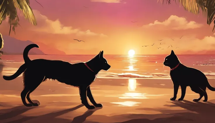 make a picture with at least 5 cats and 5 dogs on sunny beach in anime style