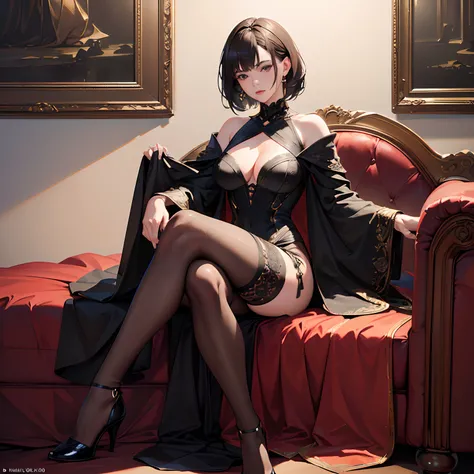 (best quality,4k,8k,highres,masterpiece:1.2),ultra-detailed,(realistic,photorealistic,photo-realistic:1.37),portrait,painting,dark art,contrasting colors,studio lighting,sharp focus,professional,high fashion,detailed features,elegant dress,thigh-high slit,...