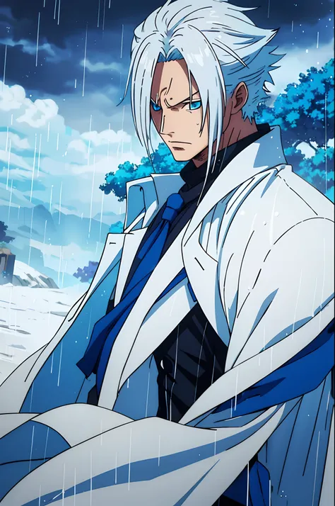 one guy man, long blue hairs, wearing a white overcoat, blue eyes, rain effects, anime