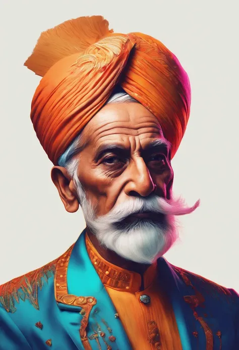 (old indian man:1.1,wearing turban:1.2,bodybuilder:1.1,white bigger beard:1.1,bigger moustache:1.1,lighting cigar:1.2,in swag,extremely detailed facial hairs,portrait,half body,medium:oil painting,detailed eyes and face,detailed turban,traditional clothing...