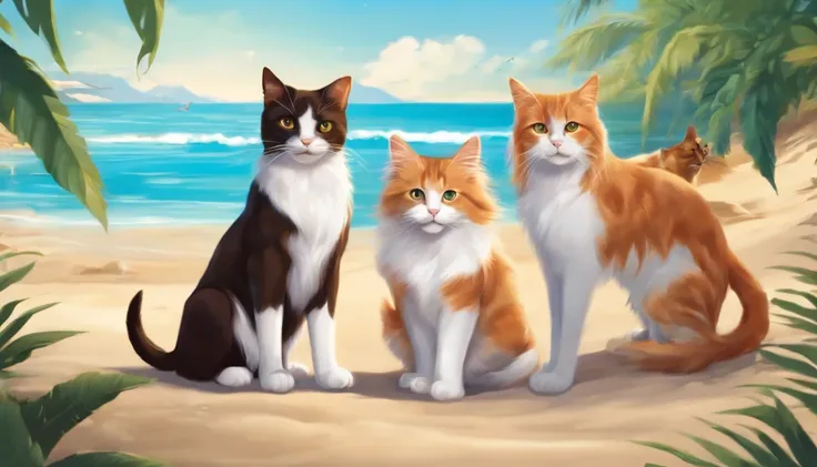 make a picture with at least 5 cats and 5 dogs on sunny beach in anime style