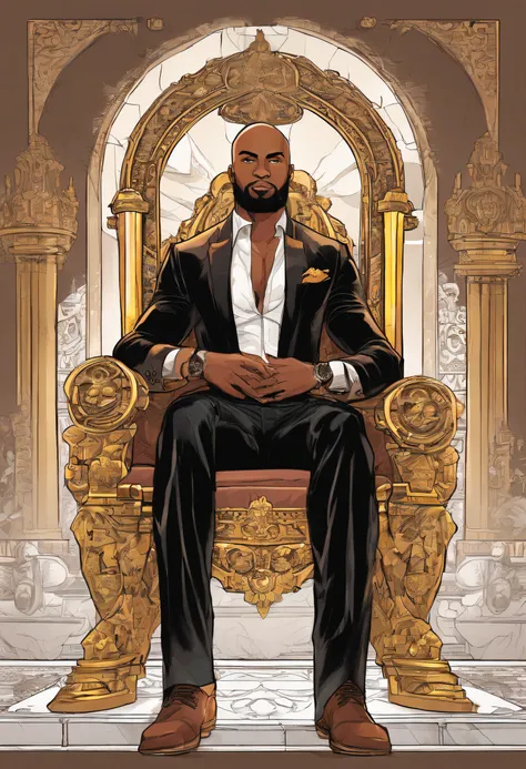 brown skin man,physically well built, sitting on throne,crown,very short beard,bald,black business attire