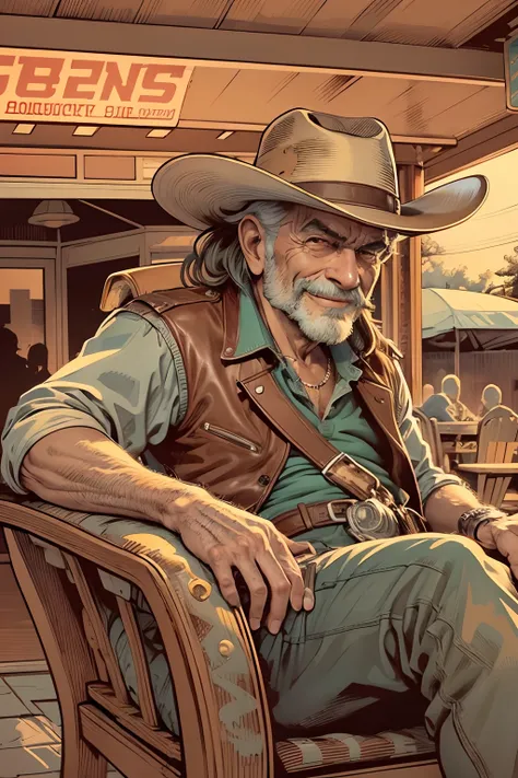 ultra detailed illustration  caricature ,A 70-year-old cowboy sits in a rocking chair outside a Texas diner. He wears a wide grin and a leather vest, and he holds a Winchester rifle in his lap. The sun is setting, and the air is hazy, (tetradic colors), in...