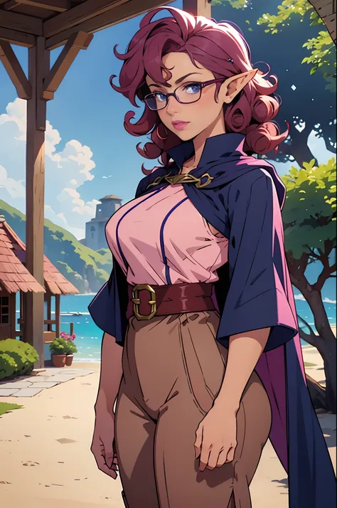 Solo, female, standing, looking at viewer, (((tan skin))), fantasy village, light pink linen tunic, navy cloak, magenta and navy blue accents, navy pants, (dark maroon hair, curly hair), glasses, big breasts, pink lipstick, blue eyes, elf ears