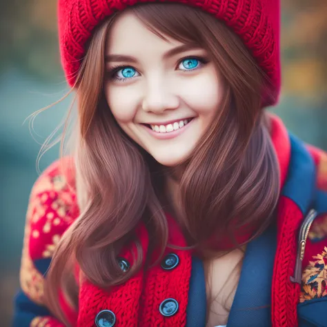 creepy mega funny 38 years old girl, expressive eyes, in a red knitted hat with a pompom, blue down jacket, detailed eyes, huge ears, smiling, funny eyes, autumn, humor, cinematic, hyper-detailed, real photo, random angle, rich color, detailed texture, fur...