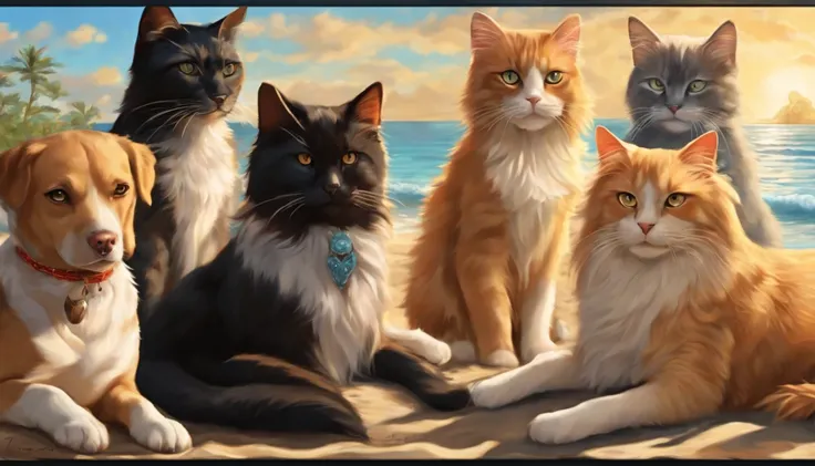 make a picture with at least 5 cats and 5 dogs on sunny beach in anime style