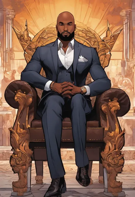 brown skin man,physically well built, sitting on throne,crown,very short beard,bald,black business attire