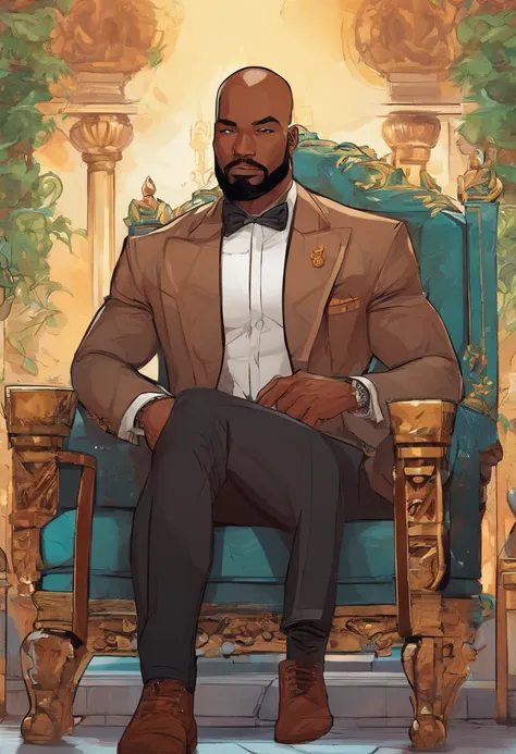 brown skin man,physically well built, sitting on throne,crown,very short beard,bald,black business attire