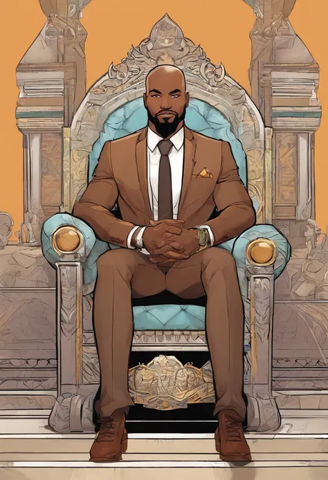 brown skin man,physically well built, sitting on throne,crown,very short beard,bald,black business attire