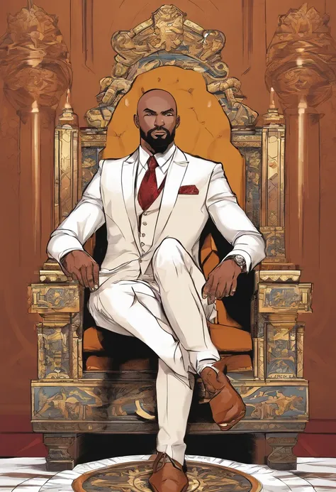 brown skin man,physically well built, sitting on throne,crown,very short beard,bald,black business attire