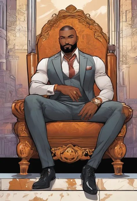 brown skin man,physically well built, sitting on throne,crown,very short beard,bald,black business attire