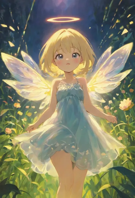 ln the forest，night moon，Mini cute 3 year old flower fairy, Chubby toot，Skirt made of petals，Huge flowers，Colorful colorful，Transparent colorful wings, Magic wand，closeup cleavage，Light attenuation，Glow effects，depth of fields，high light，Real light，Ray tra...