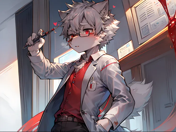 A handsome、Cute silver-gray haired wolf Shota，Wearing round-rimmed glasses，Wearing a doctors uniform，The right hand holds a syringe filled with red liquid in an injection position，In the pocket of his left chest is a sticker pen。