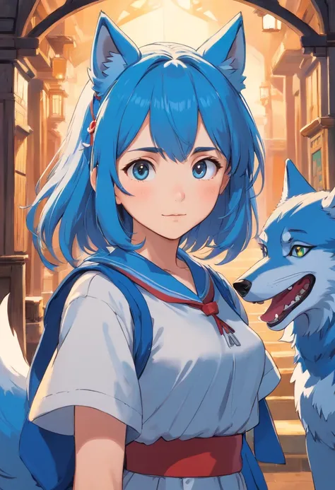 A girl with blue fur and wolf characteristics, such as wolf ears and tail, wearing a school uniform. She has medium-sized breasts and is depicted in a portrait style. The background is simple and uncluttered. The artwork should have a furry aspect with a s...