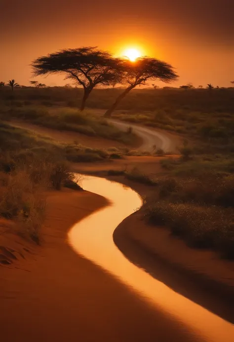 Draw a sinuous path that extends from the base of the image to the horizon, Au bout du chemin, Add bright, radiant light, in the center of the image, Afrique, Angola