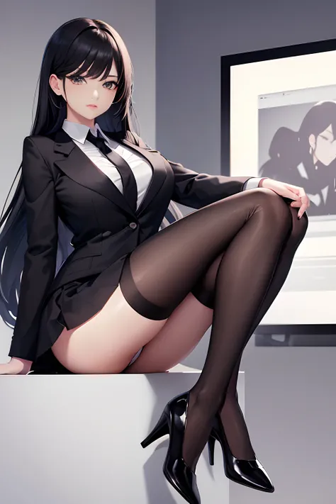 Officelady、Black jacket、Black tight skirt、White blouse、Black tights、High pumps with black heels、Black hair、s Office、lana、Beautiful woman、gazing at viewer、Looking here、hight resolution、top-quality、full body Esbian、animations、illustratio、Ultra-detailed delic...