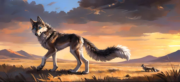 ((Solo)), Male, coyote, (Multi-colored fur, White-brown:1.3，White tail pointed), ((Wolf face, White hair, Big eyes, White eyelids, Blue pupil, Slim:1.2) (Tough, Calm expression:1.2)), Robust，Slim, pinging)), (Correct body anatomy), A big tail，Feet，Longer t...