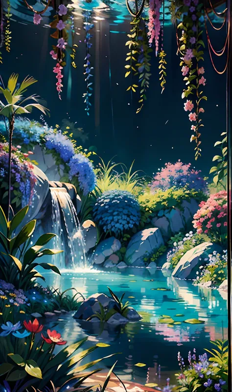 Wallpaper, fantasy hanging garden, blue sky, floating flower sea, colorful flowers. Crystal fountain, HD detail, hyper-detail, cinematic, surrealism, soft light, deep field focus bokeh, ray tracing, diffuse (ultra-fine glass reflections), and hyperrealism....