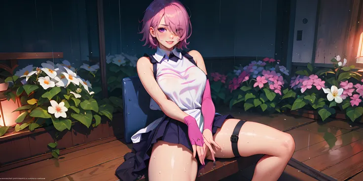 mash kyrielight, (medium hair, pink hair, hair over one eye:1.7), 1girl, flower, breasts, gloves, large_breasts,  solo, sitting, black_gloves, wet, blush, sleeveless, thigh_strap, between_legs, wet_clothes, see-through, looking_at_viewer, hand_between_legs...