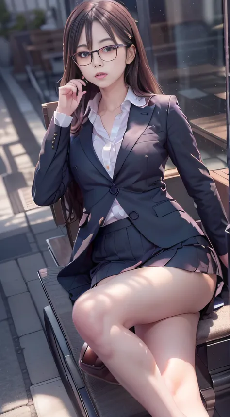 Correctly in anatomy，goddess of Japan, FULL ANATOMY,Woman in black suit and black high heels sits on bench, Cute elegant pose, wearing a suit and glasses, in a strict suit, Wearing a strict business suit, Woman with glasses, Girl in suit, Realistic Young G...