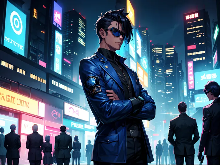 detective, blue jacket, side swept hair, dark shades, cyberpunk city, night time, neon lights, hd, highres