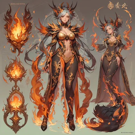 ((Masterpiece, Highest quality)), Detailed face, CharacterDesignSheet， full bodyesbian, Full of details, Multiple poses and expressions, Highly detailed, Depth, Many parts，female mage，double-ponytail，estilo fantasia，Surrounded by flames，Extremely beautiful...