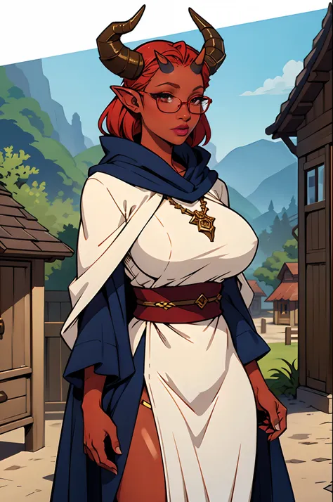 Solo, female, ((horns, red skin)), big breasts, white linen tunic, navy cloak, standing, fantasy village, glasses, (lipstick, eyeliner, eyelashes, mature female), bard, hands behind back