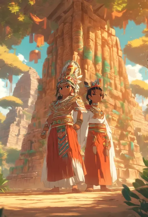 (((adult woman)))best quality, ultra-high resolution, 4K detailed CG, master piece, Twin brothers, children, Mayan clothing, Mayan mythology, under a tree, desert, sunlight, ((two children )) Mexico, aesthetics, Beautiful image, centered on the screen