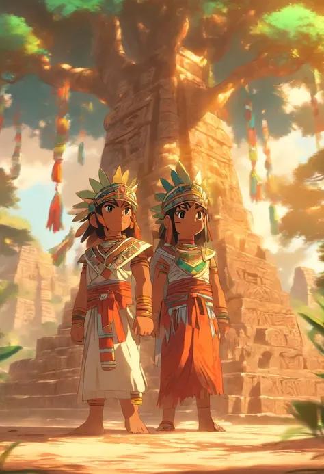 (((adult woman)))best quality, ultra-high resolution, 4K detailed CG, master piece, Twin brothers, children, Mayan clothing, Mayan mythology, under a tree, desert, sunlight, ((two children )) Mexico, aesthetics, Beautiful image, centered on the screen