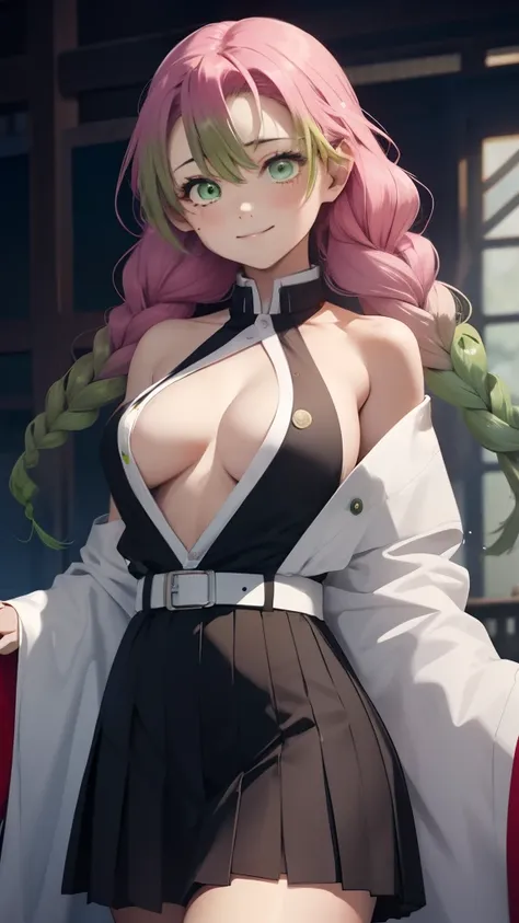 Mitsurikan Logi, mitsuri kanroji, braid, Gradient Hair, (Green eyes:1.5), Green hair, Long hair, Mole,  Mole under the eyes, multicolored hair, Pink hair, Twin braids, Two-tone hair,
Brake belt, Black skirt, cleavage, coat, demon slayer uniform, haori, kom...